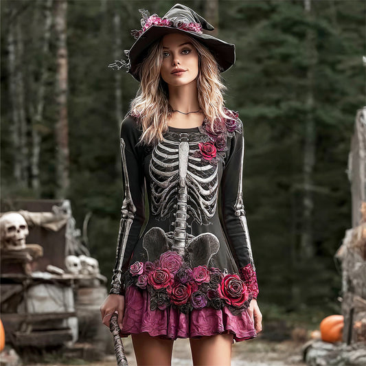 Comstylish Halloween Witch Skeleton & Floral Women's Long-sleeve Mini Dress