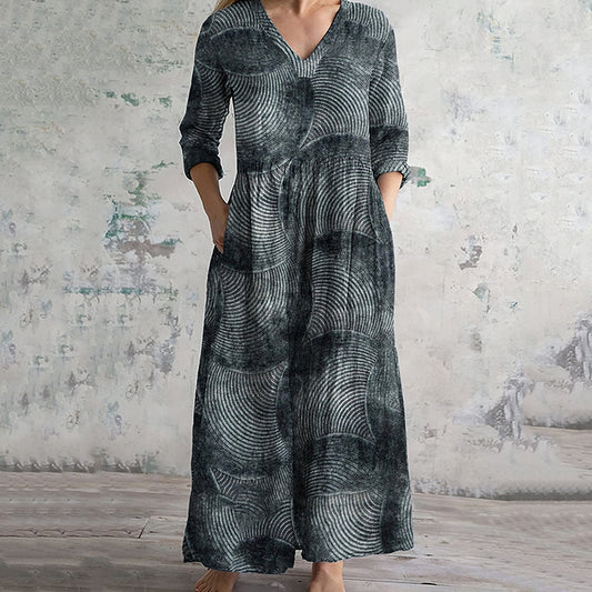 Vintage Striped Art Print V-neck Linen Blend Midi Dress artswardrobe