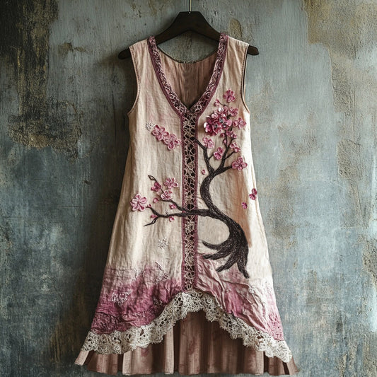 Women's Cherry Blossom Embroidery Lace Patchwork Art Linen Tank Dress artswardrobe