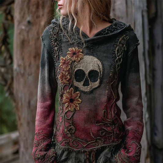 Vintage Skull Floral Celtic Gradient Cozy Knit Hooded Sweater elevenforest