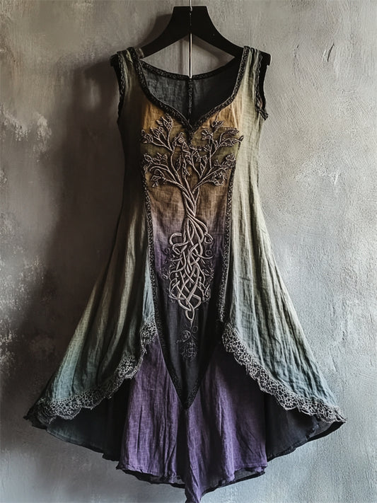 Vintage Tree Of Life Lace Hem Gradient Linen Dress artswardrobe