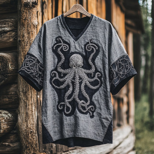 Retro Viking Crusoe Octopus Art Linen V-neck T-shirt artswardrobe