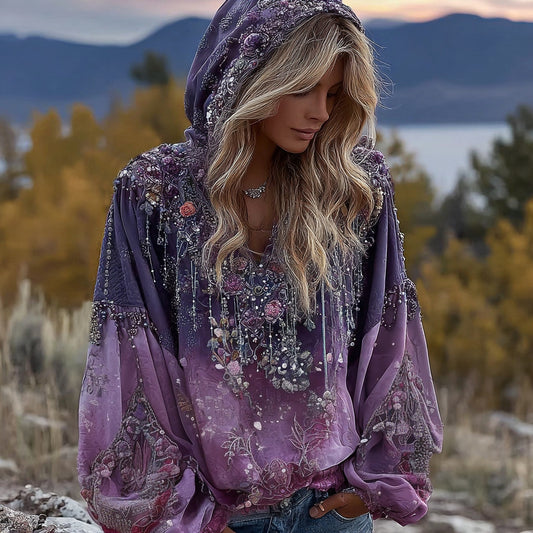 Comstylish Bohemian Floral Thorn Tassel Sequin Hoodie