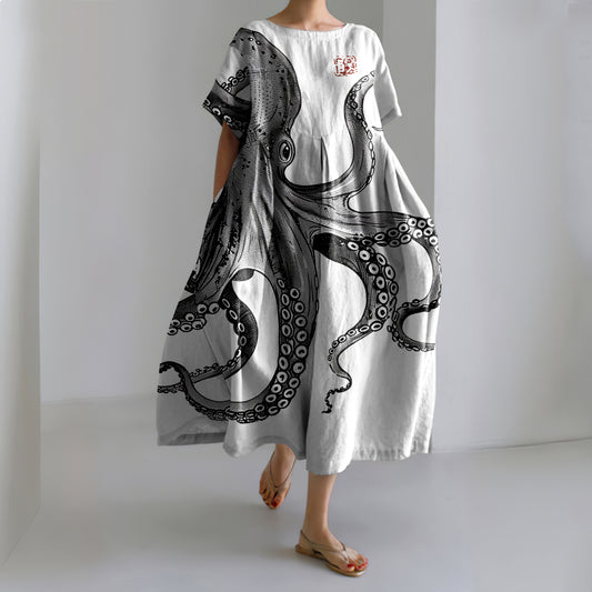 Comstylish Japanese Art Vintage Octopus Print Casual Midi Dress