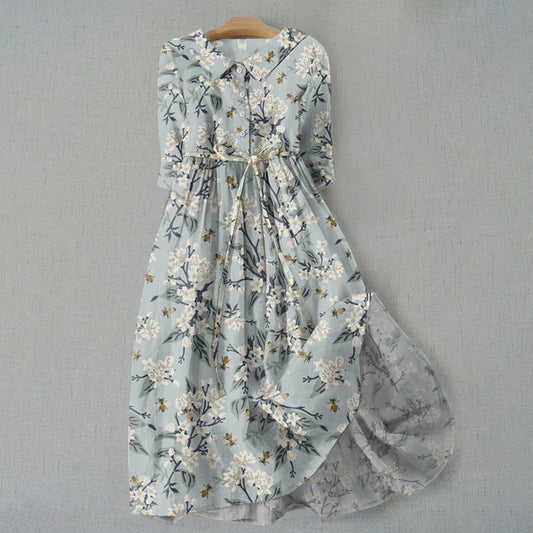 Elegant Floral And Bee Design Print Lace-up Casual Midi Dress artswardrobe