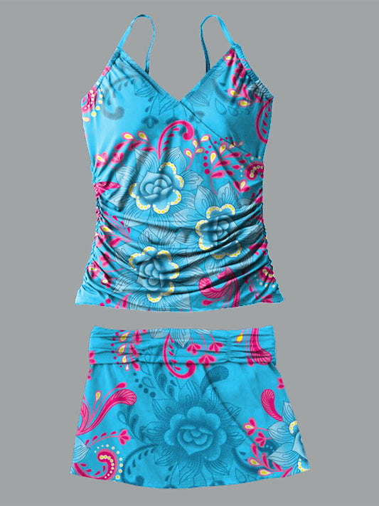 Blue Flower V-Neck Vintage Flowers Print Suspender Skirt Tankini Pantskirt Set Swimsuit
