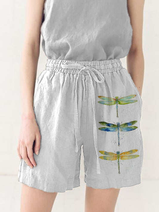 Comstylish Women's Casual Watercolor Dragonfly Cotton Blend Print Short
