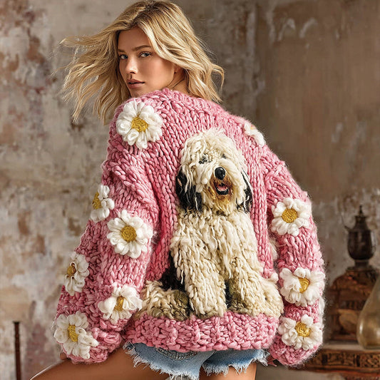 Vintage Fluffy Cute Dogs With Daisy Floral Art Inspired Embroidered Cozy Knit Sweater Cardigan elevenforest