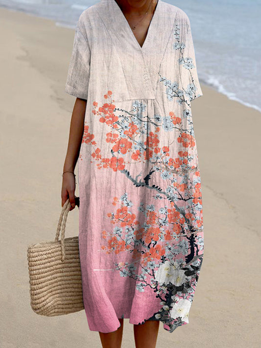 Japanese Plum Blossom Art Printed V Neck Casual Midi Dress