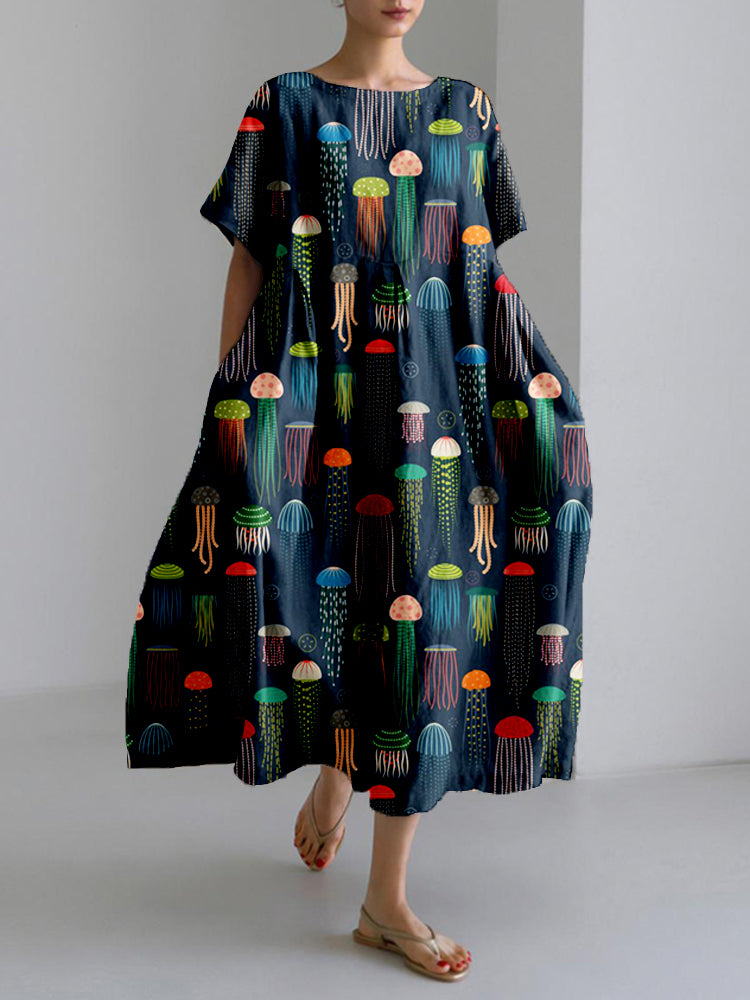 Comstylish Colorful Jellyfish Art Pattern Linen Blend Maxi Dress
