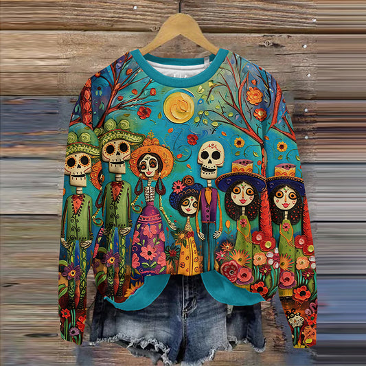Comstylish Vintage Mexican Day Of The Dead Skull Print Sweatshirt