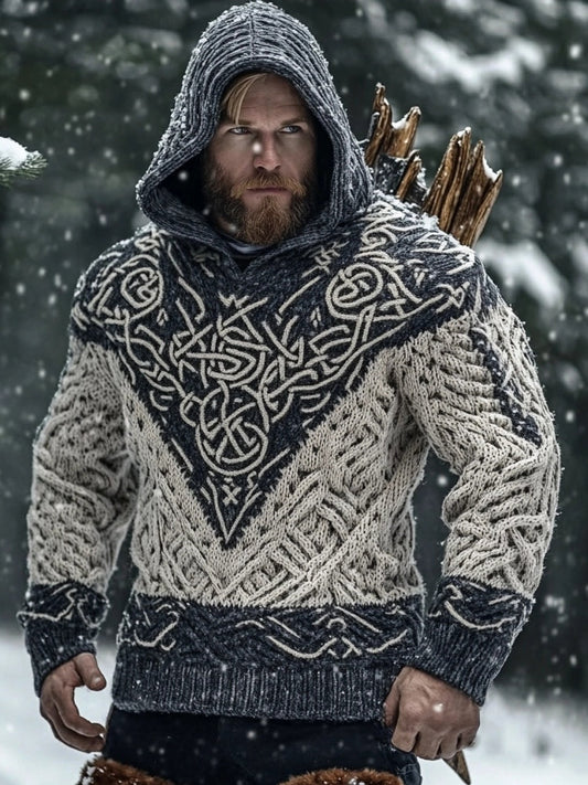 Men's Viking Inspired Celtic Jacquard Chunky Hooded Sweater elevenforest
