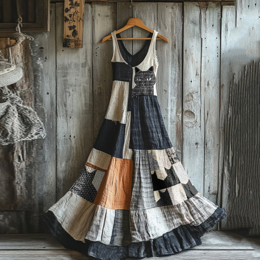 Comstylish Sashiko Cute Cat Patchwork V-neck Maxi Dress