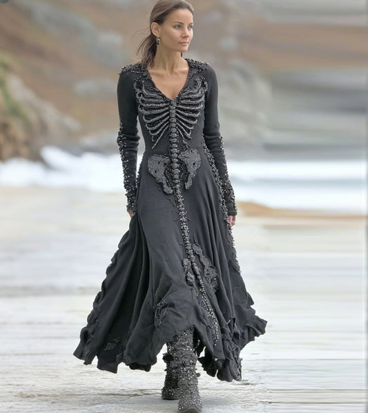 Comstylish Women's Halloween Skull Art V-neck Maxi Dress
