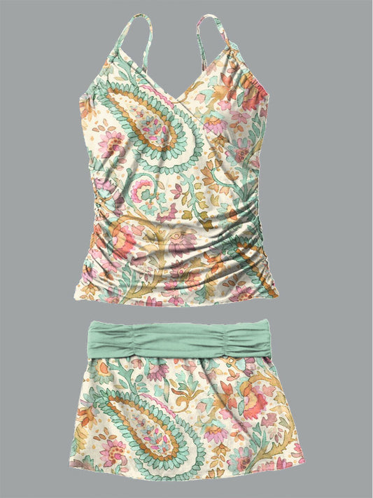 Women's Boho Floral Print Suspender Shirred Swimsuit Set