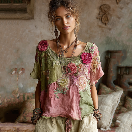 Vintage Pink Roses Patchwork Art Linen Tunic artswardrobe