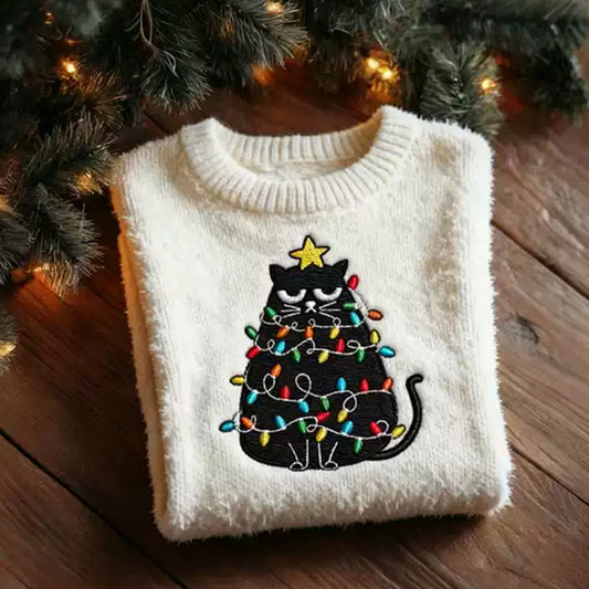 Comstylish Merry Christmas Cat Christmas Tree Round Neck Sweater