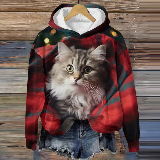 Christmas Plaid Cat Print Long Sleeve Hoodie elevenforest