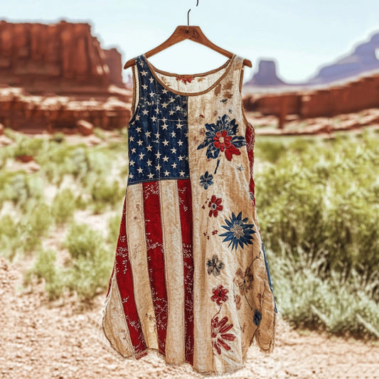 Vintage Independence Day American Flag Patch Floral Art Linen Tank Dress artswardrobe