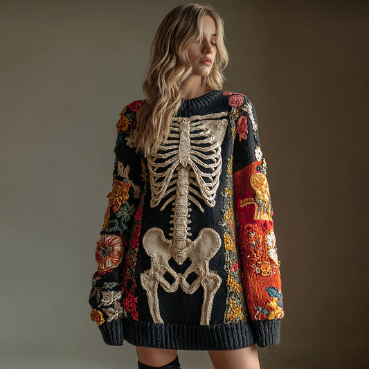 Women's Vintage Halloween Skull Flower Art Cozy Knit Sweater Mini Dress artswardrobe