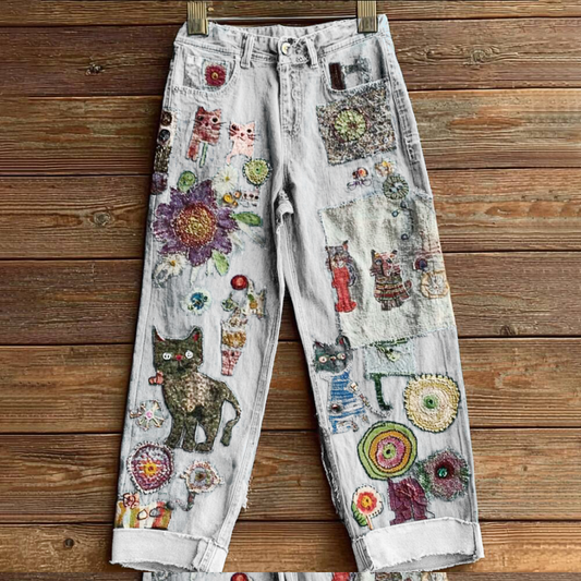 Comstylish Women's Bohemian-style Floral Cat-print Jeans