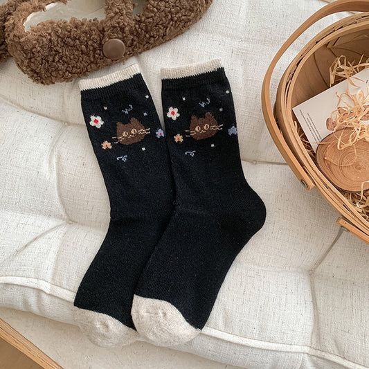 Comstylish Cute Cartoon Cat Wool Mid-calf Socks