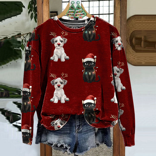 Christmas Santa Claus Hat Black Cat And White Dog Casual Sweatshirt elevenforest