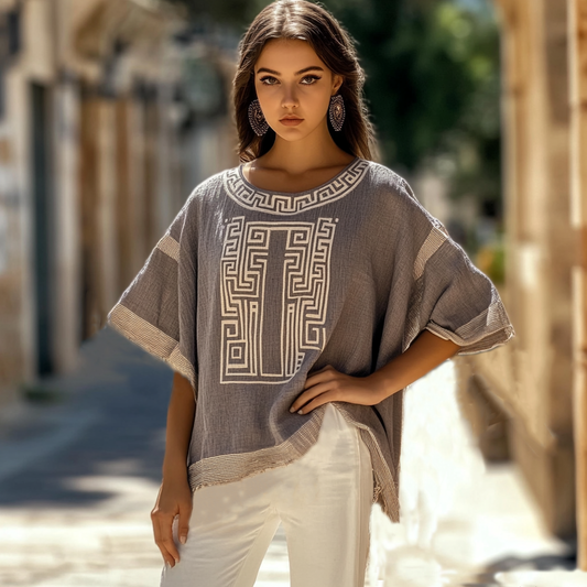 Vintage Greek Key Crew Neck Linen Blend T-shirt artswardrobe
