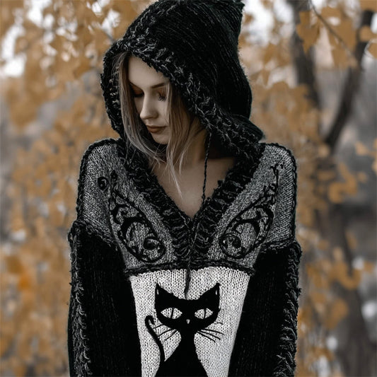 Halloween Vintage Gothic Black Cat Contrast Knit Hooded Sweater artswardrobe