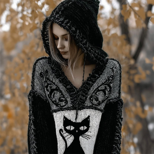Comstylish Halloween Vintage Gothic Black Cat Contrast Knit Hooded Sweater
