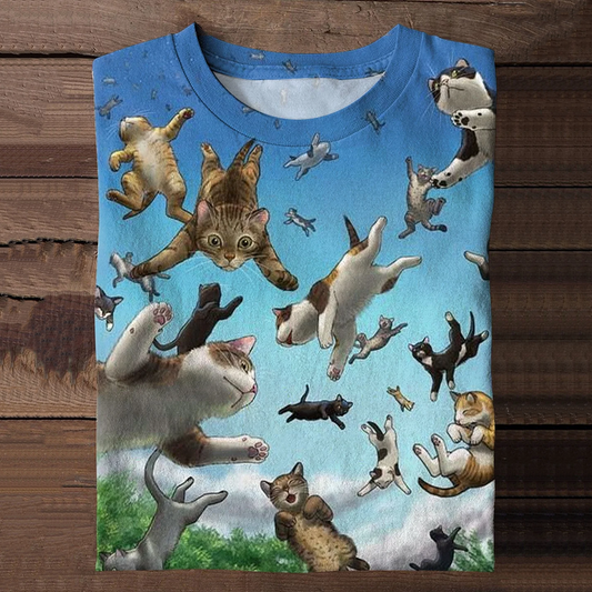 Japanese Art Flying Cat Print Casual T-Shirt elevenforest