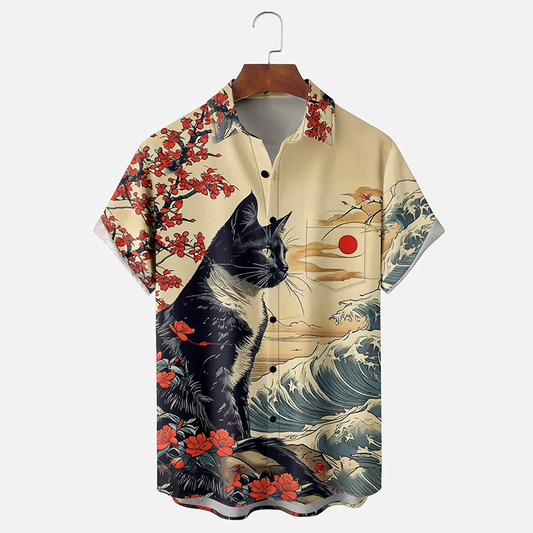 Japanese Ukiyo Cat & Wave Art Short-Sleeved Shirt elevenforest