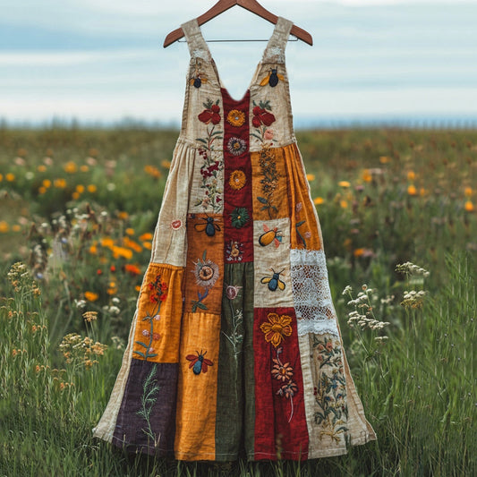 Insect Wildflower Floral Embroidery Art Linen Tank Dress artswardrobe