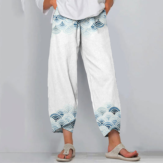 Comstylish Japanese Waves Art Print Loose Casual Pants