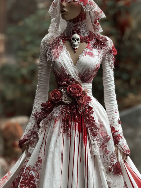 Comstylish Women's Halloween Blood Red Rose V-neck Long Sleeved Dress