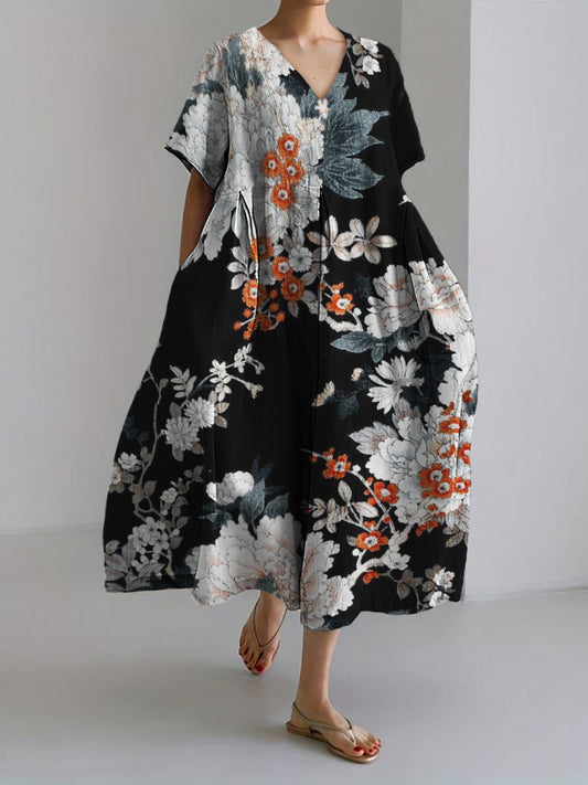 Comstylish Japanese Floral Art Linen Blend Maxi Dress