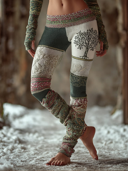 Comstylish Viking Style Patchwork Embroidered Tree Of Life Leggings