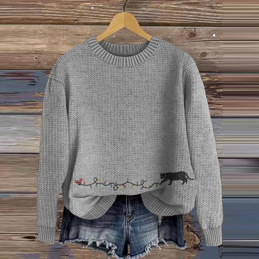 Cat And Christmas Lights Embroidered Knitted Sweater elevenforest