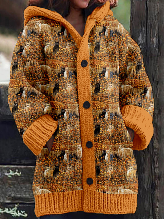 Cats Flower Embroidered Cozy Hooded Cardigan artswardrobe