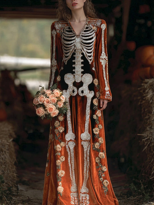 Comstylish Vintage Glitter Skeleton Roses Embroidered Comfy Maxi Velvet Dress