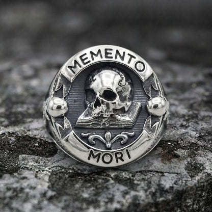Memento Mori Skull Open Book Signet Ring