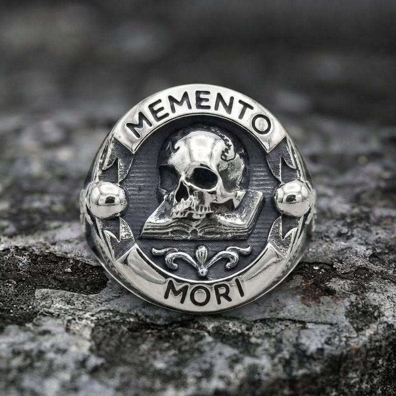 Memento Mori Skull Open Book Signet Ring