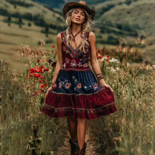 Women's  Retro American Western Country Style Floral Embroidered Art Casual Linen Mini Dress artswardrobe