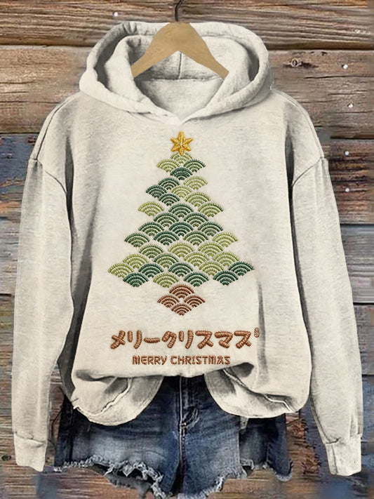Comstylish Japanese Waves Christmas Tree Embroidered Washed Hoodie