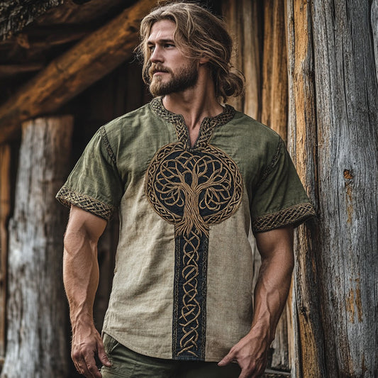 Men's Viking Tribal Celtic Life Of Tree Art Linen Shirt artswardrobe