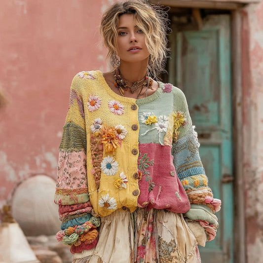 Vintage Flower Embroidery Macaroon Color Patchwork Art Print Button Sweater Cardigan elevenforest
