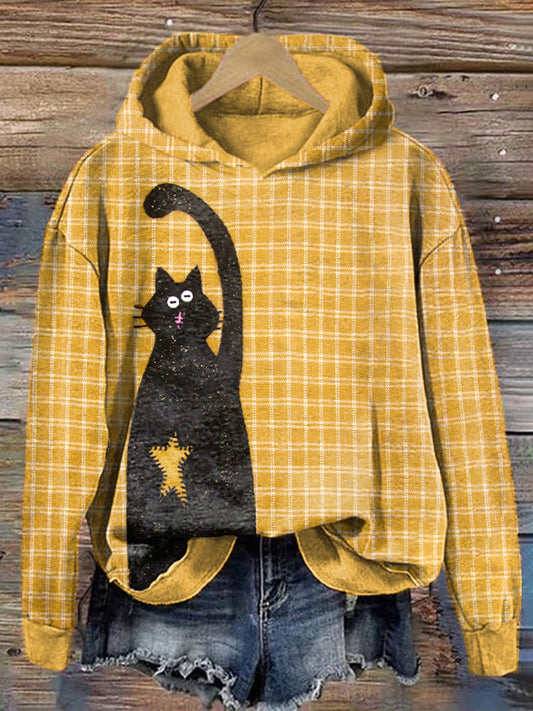 Funny Black Cat Applique Plaid Cozy Hoodie elevenforest