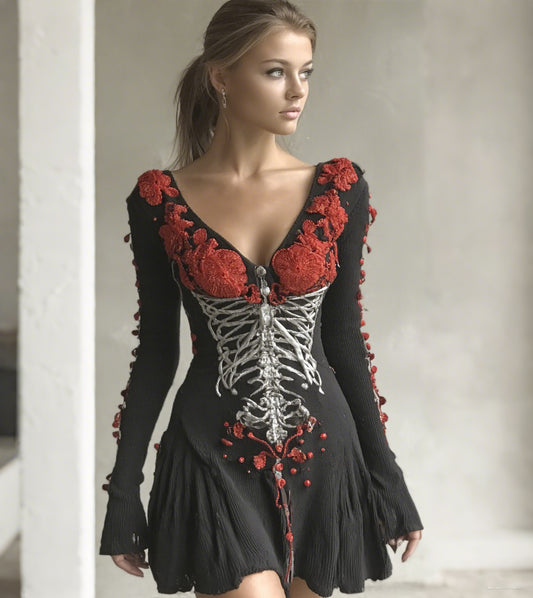 Comstylish Women's Halloween Skull Art V-neck Skirt