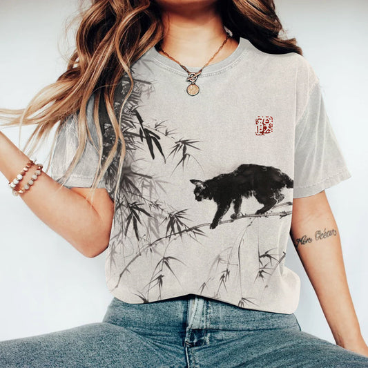 Bamboo Forest & Cat Painting Art T-Shirt elevenforest