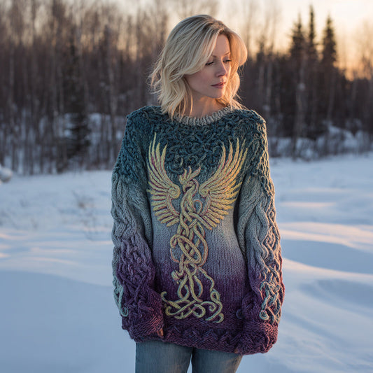 Women's Celtic Knot Myth Phoenix Embroidery Ombre Sweater elevenforest